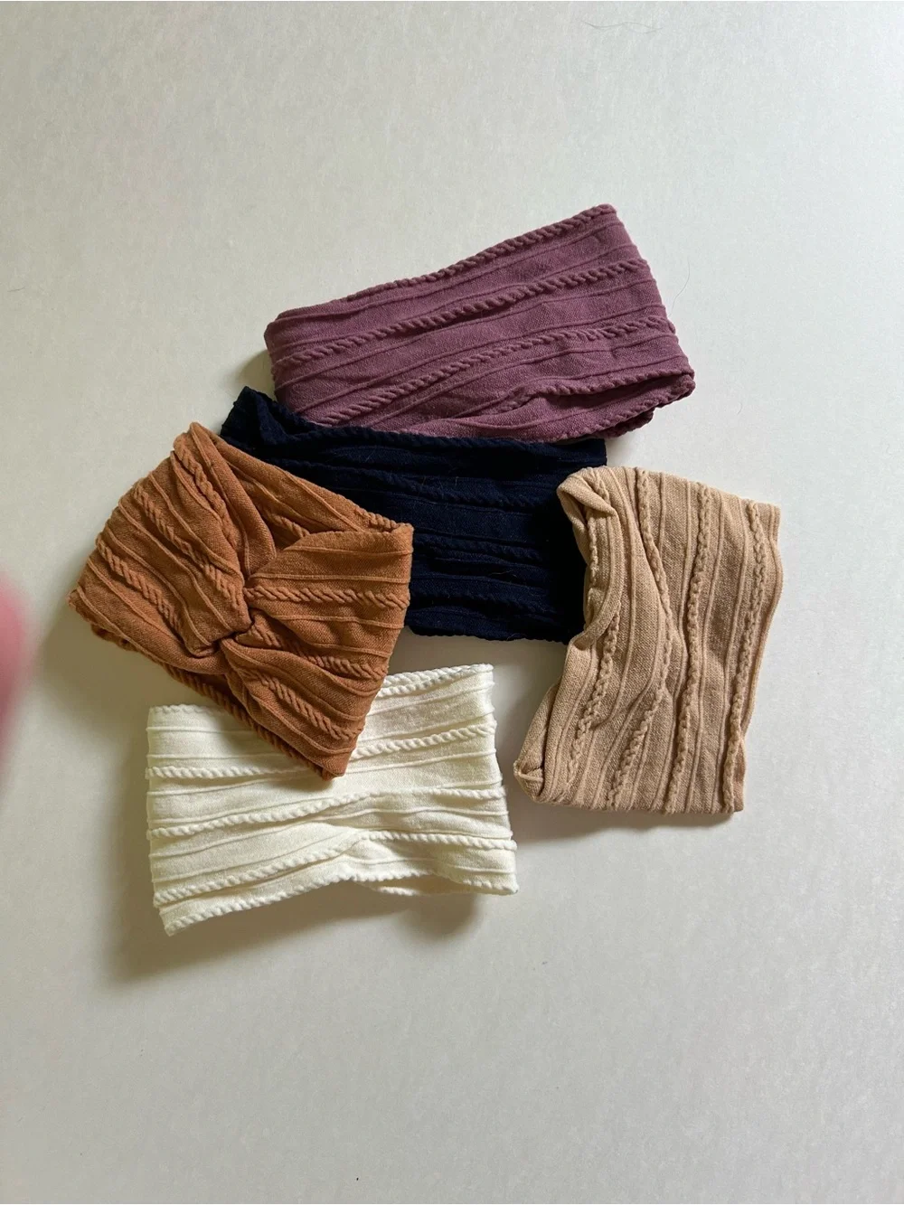 Set of 5 Knotted Ribbed Baby Headbands - Plum, Navy, Cream, Beige, Rust